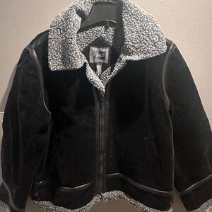 Bare Fox women's black soft fur V neck collared long sleeve coat